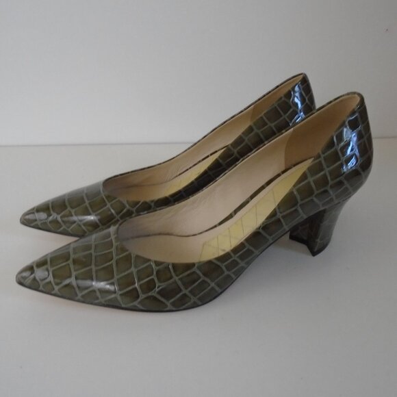 Joan & David olive green heels faux embossed reptile pumps size 8 1/2 M - Picture 1 of 9